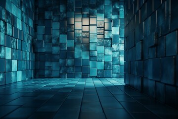 Blue patina 3D wall made of square tiles with polished background. Textured blocks in render. Generative AI