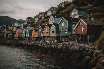 Colorful houses by fjord shore. Generated by AI. Generative AI - obrazy, fototapety, plakaty