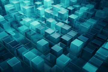 Translucent blocks in shades of teal and blue arranged into a clean, modern 3D wallpaper. Generative AI
