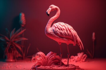 Pink backdrop with a blow-up flamingo. Generative AI