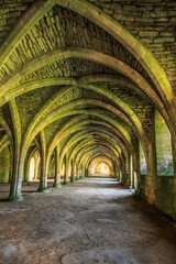 Fototapeta na wymiar England, North Yorkshire, Ripon. Fountains Abbey, Studley Royal. UNESCO World Heritage Site. Cistercian Monastery. Ruins of vaulted cellarium where food was stored. 2017-05-03