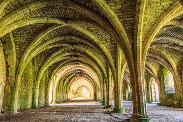 England, North Yorkshire, Ripon. Fountains Abbey, Studley Royal. UNESCO World Heritage Site. Cistercian Monastery. Ruins of vaulted cellarium where food was stored. 2017-05-03