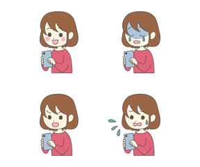 いろいろな表情でスマホを使う女性のセット