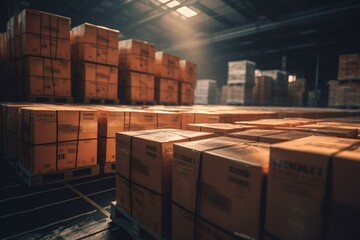 Boxes on pallets in industrial warehouse. Parcels ready for transport with white stickers. Logistics for retail company. 3D image. Generative AI