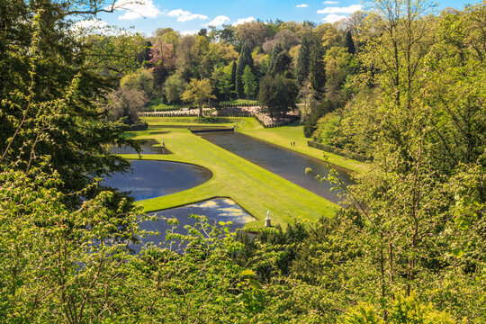 England, North Yorkshire, Ripon. Fountains Abbey, Studley Royal. UNESCO Site. Cistercian Monastery. Grounds and trees of Water Park. 2017-05-03
