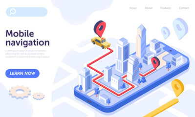 Mobile navigation banner. Geolocation and navigation, map on smartphone screen. Taxi and transport. GPS application or program. Landing page design. Cartoon isometric vector illustration