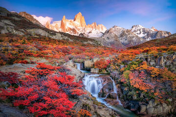 Wonderful scenery view of Mount Fitz Roy with waterfall in autumn time near El Chalten, Patagonia in Argentina.