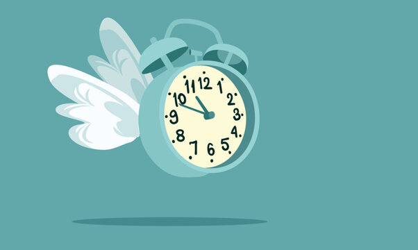 Time Flies Vector Concept Cartoon Illustration of a Clock. Vector conceptual poster design of an alarm clock with wings

