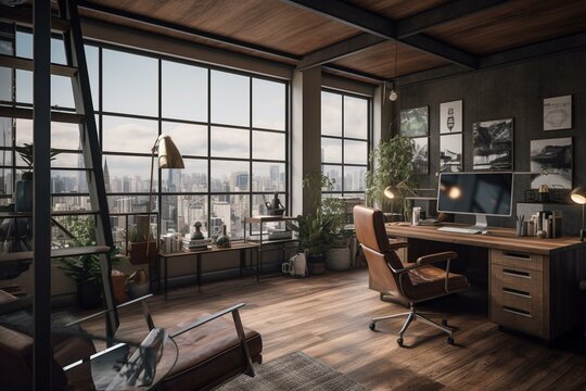 Office simulation with loft background. Generative AI