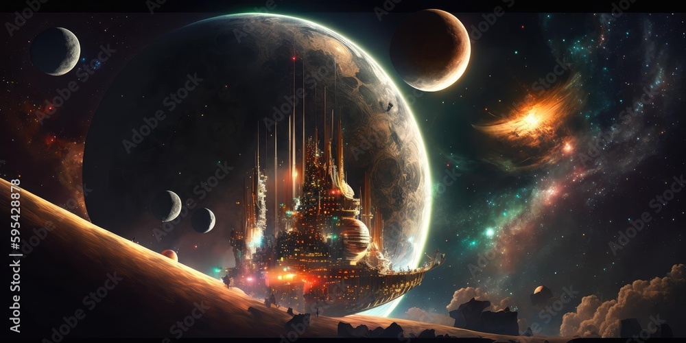 Wall mural outer planet landscape with from sci fi novel. superlative generative ai image.