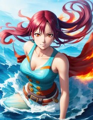 Obraz na płótnie Canvas Beautiful anime girl with pink hair in the sea generative ai