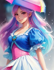 Anime manga girl in a blue and pink dress generative ai