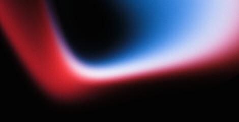Red blue white fluid colors wave on black grainy background, neon colors noise texture large banner, copy space