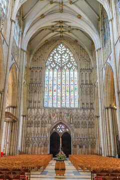 England, Yorkshire, York. The English Gothic style Cathedral and Metropolitical Church of Saint Peter in York, or York Minster. West Window. 2017-05-04