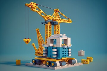 Obraz na płótnie Canvas Toy crane isolated on blue background, Construction crane blocks, Generative AI