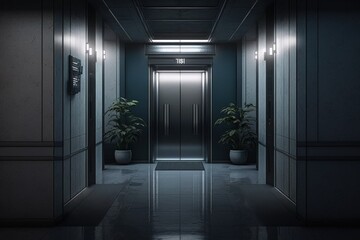 Corridor of buildings with elevators, corridor with elevator, Generative AI