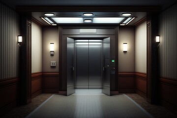 Corridor of buildings with elevators, corridor with elevator, Generative AI