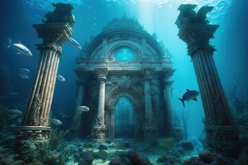 Kingdom of Atlantis, Ancient ruins of the city of Atlantis under the sea, lost kingdom of Atlantis, Generative AI