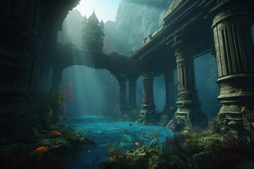 Kingdom of Atlantis, Ancient ruins of the city of Atlantis under the sea, lost kingdom of Atlantis, Generative AI