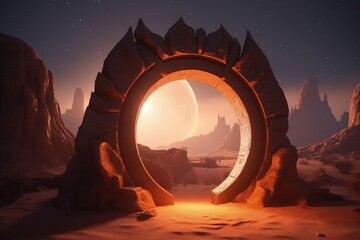 Magic portal in the desert, portal to fantasy dimension, magic arch with lights in the desert, Generative AI	