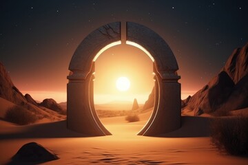 Magic portal in the desert, portal to fantasy dimension, magic arch with lights in the desert, Generative AI	