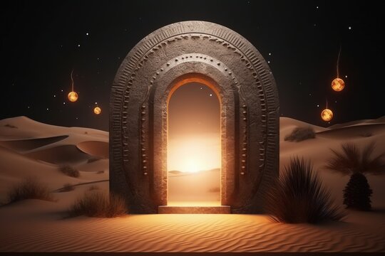 Magic portal in the desert, portal to fantasy dimension, magic arch with lights in the desert, Generative AI	