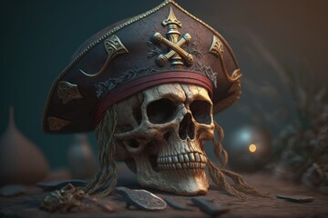 Fototapeta premium Skull with pirate hat, pirate skull, Generative AI