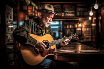 Musician playing guitar in Irish pub, trad music session. Generative AI