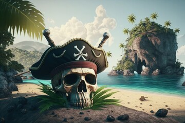 Skull in pirate hat on tropical island beach, pirate skull on paradise island, Generative AI