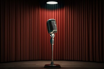 Stand up comedy stage with microphone, red curtain and lights, Generative AI