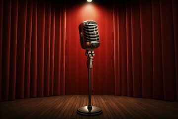 Stand up comedy stage with microphone, red curtain and lights, Generative AI