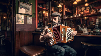 Musician playing accordion in Irish pub, trad music session. Generative AI