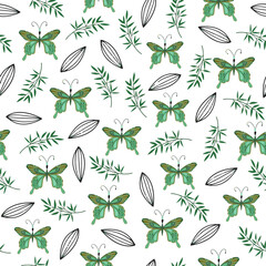 Spring green pattern with flowers. Pattern with butterflies and leaves. Green background for fabric or banner. Cute butterflies in nature.