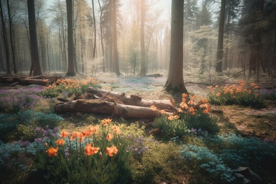 New season blooms in a spring forest with colorful flowers and trees. Generative AI