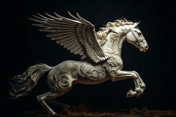 Imaginative artwork of a flying, ivory-hued horse with wings. Generative AI
