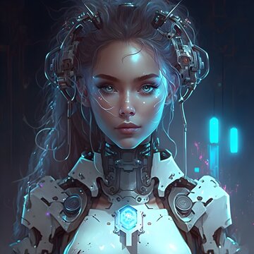 character attracive female robot whie future lights 