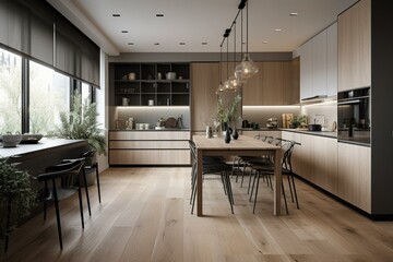 Stylish kitchen with timber flooring & dining area. Generative AI