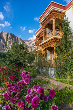 Beautiful architectural hotel with flower garden at at Hunder village in the Leh district of Ladakh, India famous for Sand dunes, Bactrian camels.