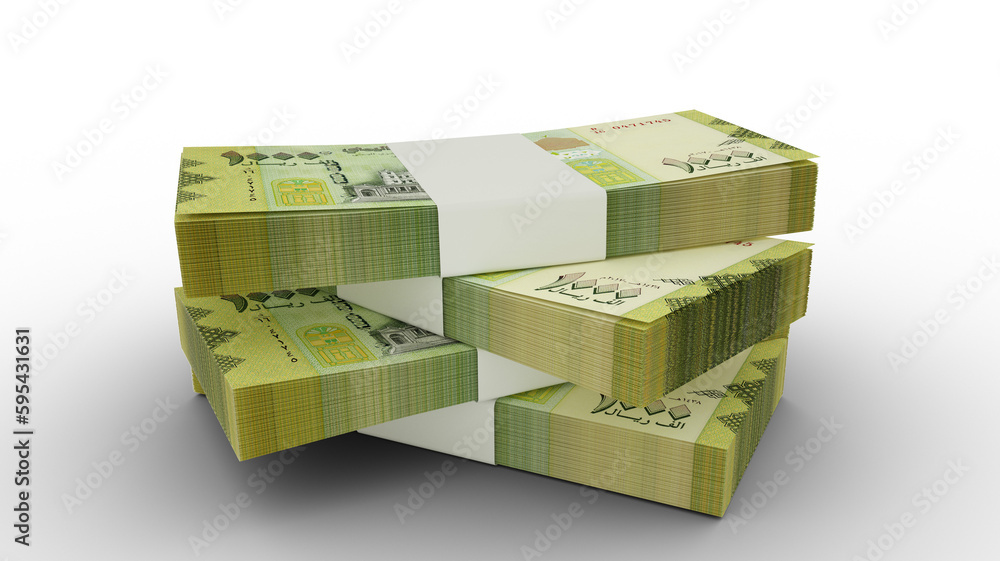 Aufkleber 3d rendering of stack of yemeni rial notes. few bundles of yemeni currency isolated on transparent b