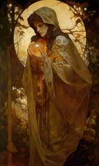 Fantasy art, mysterious female wizard, painting, oil, digital illustration, generated by AI