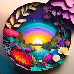 a world of color, exquisite paper-cut scenes of nature's bounty and beauty, illustration of blooming flowers in the rising sun beneath the mountains and rivers