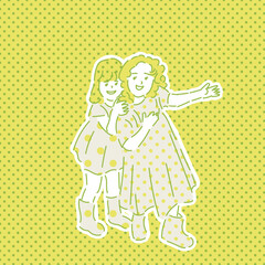笑顔で遊んでいる女の子2人の手描きイラスト