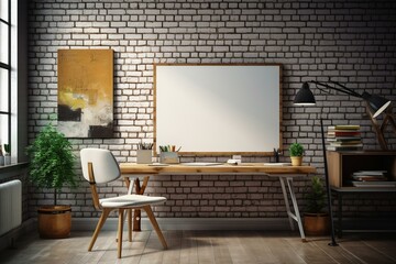 Mockup of empty whiteboard on brick wall for home office ad. Generative AI