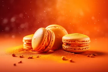 Poster Vibrant macarons with sugar dust burst on orange backdrop. Generative AI © Kamila