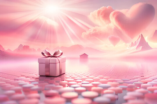 Amor envolvido em Luz: Caixa de presente com laço em fundo rosa de raios de sol e nuvem em forma de coração. IA generativa