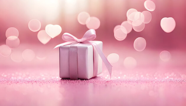 Ilustração de Caixa de Presente com Laço Pink e Luzes em Formato de Coração sobre Fundo Rosa. IA generativa