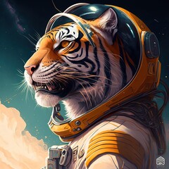 Vivid color space tiger wearing spacesuit for concept of space exploration in contemporary animal abstract with watercolor adding sense of imaginative and artistic art. Superb Generative AI - obrazy, fototapety, plakaty