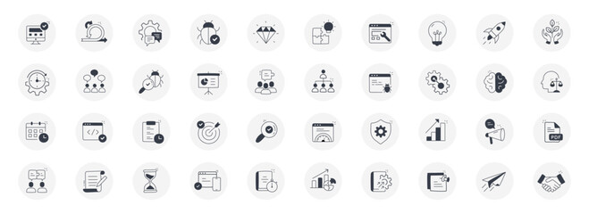 Agile Software Development Icons: Enhance Your Project Management with Visuals. Black and White Icons with hand-drawn touch. Vector Editable Stroke.  - obrazy, fototapety, plakaty