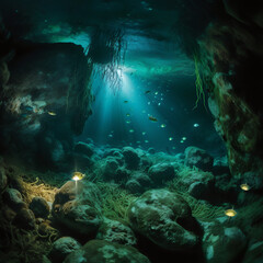  deep underwater cave with glowing bioluminescent creatures, rocks, and seaweed