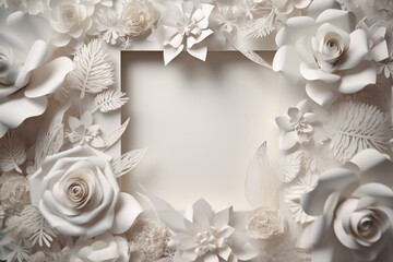 Obraz na płótnie Canvas 3D white paper flower square frame on floral background, blank decorative banner for greeting cards. Generative AI